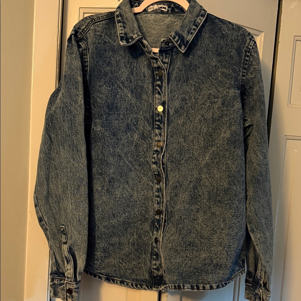 Fashion Nova Denim Button Down Shirt - Black and Gray